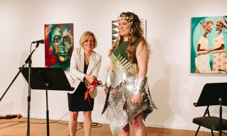 2016 Honorary Skirt, Rachel Notley, with winner of the Skirt Design Competition, designed by Jane Kline, Opening Ceremonies 2016. Photo by Mat Simpson.
