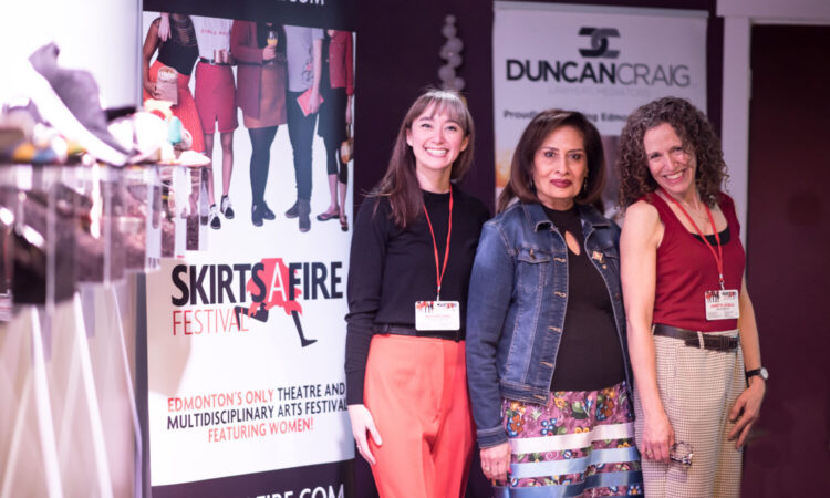 Honorary Skirt The Honourable Salma Lakhani with Managing Director Brianne Jang and Artistic Director Annette Loiselle. SkirtsAfire 2023. Photo by April MacDonald Killins.